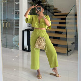 Women's Summer Chic Turndown Collar Short Shirt High Waist Casual Pants Two-Piece Set