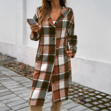 Autumn Winter Women's Casual Loose Contrast Color Buttoned Hooded Coat