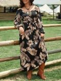 Autumn Print Lantern Sleeve Slim Waist Plus Size Dress