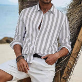 Men's Spring Autumn Casual Linen Striped Long-Sleeved Shirt