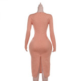 Autumn Chic Slim Fit Knitting V-Neck Slim Waist Long Sleeve Dress