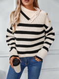 Striped Turndown Collar Pullover Ladies Women Knitting Shirt Autumn Winter Casual Button Sweater