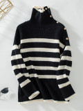 Striped Turndown Collar Pullover Ladies Women Knitting Shirt Autumn Winter Casual Button Sweater