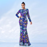 Long Sleeve Chic Round Neck Sexy Slim Long Floral Sequin Formal Party Evening Dress Bridesmaid Gown For Women