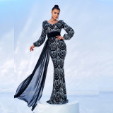 Chic Long Sleeve Sexy Long Sequin V-Neck Formal Party Ribbon Evening Dress Bridesmaid Gown For Women