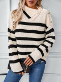 Striped Turndown Collar Pullover Ladies Women Knitting Shirt Autumn Winter Casual Button Sweater