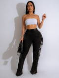 Casual Women Tassel Elastic Tight Fitting Micro Bell Bottom Pants