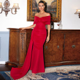 Elegant Red Satin Off Shoulder Chic Short Sleeve Long Evening Dress