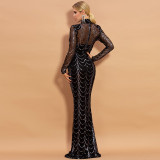 Long Sleeve Sexy See-Through Striped Sequin Long Evening Dress