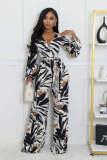 Sexy Printed Wrap V-Neck Belt Long Sleeve Wide-Leg Jumpsuit