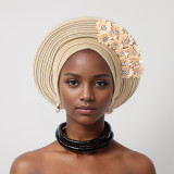 Flower Bright Silk Layered Lace-Up Hat Nigerian Wedding Party Aoto Gele Hat