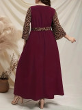 Plus Size Women Leopard Patchwork Bell Bottom Sleeve Slim Waist Long Dress