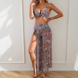 Sexy Women Printed Bikini Slit High Waist Trousers Three-Piece Swimwear