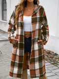 Autumn Winter Women's Casual Loose Contrast Color Buttoned Hooded Coat