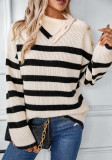 Striped Turndown Collar Pullover Ladies Women Knitting Shirt Autumn Winter Casual Button Sweater