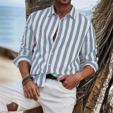 Men's Spring Autumn Casual Linen Striped Long-Sleeved Shirt