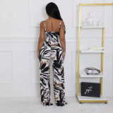 Sexy Printed Strap Wide-Leg Jumpsuit