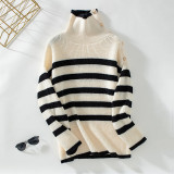 Striped Turndown Collar Pullover Ladies Women Knitting Shirt Autumn Winter Casual Button Sweater