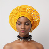 Flower Bright Silk Layered Lace-Up Hat Nigerian Wedding Party Aoto Gele Hat