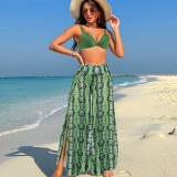 Sexy Women Printed Bikini Slit High Waist Trousers Three-Piece Swimwear