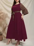 Plus Size Women Leopard Patchwork Bell Bottom Sleeve Slim Waist Long Dress
