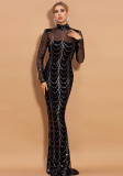 Long Sleeve Sexy See-Through Striped Sequin Long Evening Dress