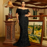 Plus Size Women's Wedding Gown Formal Party Luxury Off Shoulder Sequin Evening Dress