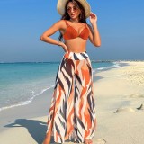 Sexy Women Printed Bikini Slit High Waist Trousers Three-Piece Swimwear