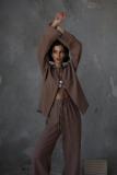 Pajama Fashion Casual Solid Color Cotton Long Sleeve Lace-Up Shirt High Waist Wide Leg Trousers Lounge Wear Set For Women