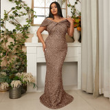 Plus Size Women's Wedding Gown Formal Party Luxury Off Shoulder Sequin Evening Dress