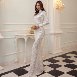 Women Formal Party Evening Gown Chic Sequin Round Neck Long Sleeve Bridesmaid Dress