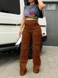 Spring Fall Women Fashion High Waist Multi-Pocket Patchwork Long Cargo Trousers