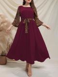 Plus Size Women Leopard Patchwork Bell Bottom Sleeve Slim Waist Long Dress