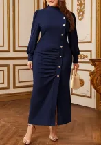 Plus Size Women Autumn Solid Color Slit Elegant Button Decoration High Neck Long Sleeve Dress