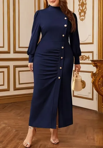 Plus Size Women Autumn Solid Color Slit Elegant Button Decoration High Neck Long Sleeve Dress