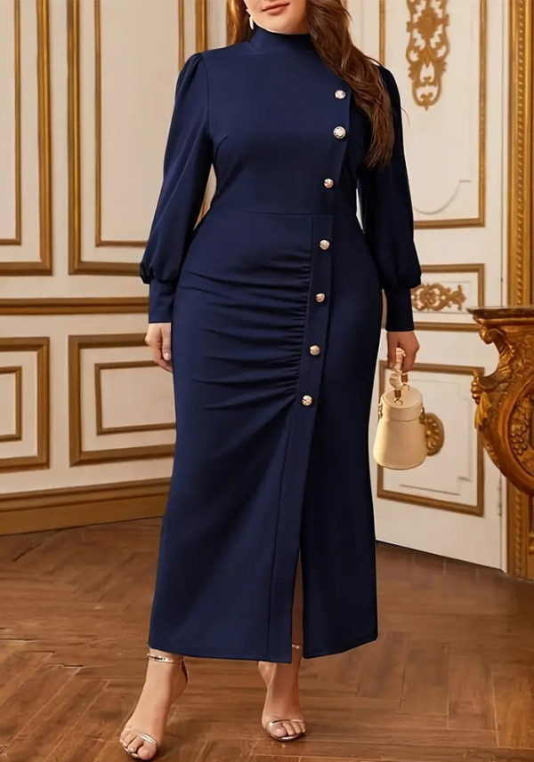 Plus Size Women Autumn Solid Color Slit Elegant Button Decoration High Neck Long Sleeve Dress
