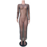 sexy rhinestone see through mesh long sleeve nightclub dress