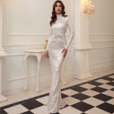 Women Formal Party Evening Gown Chic Sequin Round Neck Long Sleeve Bridesmaid Dress