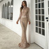 Women Formal Party Evening Gown Chic Sequin Round Neck Long Sleeve Bridesmaid Dress