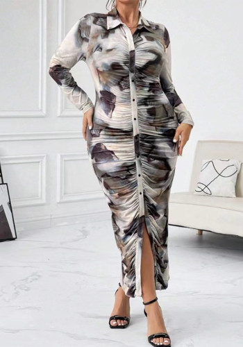 Autumn Women Tie-Dye Printed Pleated Button Slim Tight Fitting Plus Size Dress