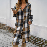 Autumn Winter Women's Casual Loose Contrast Color Buttoned Hooded Coat