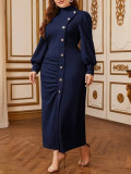 Plus Size Women Autumn Solid Color Slit Elegant Button Decoration High Neck Long Sleeve Dress