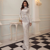 Women Formal Party Evening Gown Chic Sequin Round Neck Long Sleeve Bridesmaid Dress