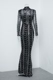 Long Sleeve Sexy See-Through Striped Sequin Long Evening Dress