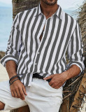 Men's Spring Autumn Casual Linen Striped Long-Sleeved Shirt