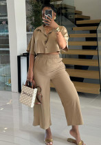 Women's Summer Chic Turndown Collar Short Shirt High Waist Casual Pants Two-Piece Set