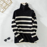 Striped Turndown Collar Pullover Ladies Women Knitting Shirt Autumn Winter Casual Button Sweater