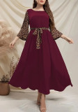 Plus Size Women Leopard Patchwork Bell Bottom Sleeve Slim Waist Long Dress