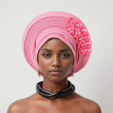 Flower Bright Silk Layered Lace-Up Hat Nigerian Wedding Party Aoto Gele Hat