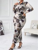 Autumn Women Tie-Dye Printed Pleated Button Slim Tight Fitting Plus Size Dress